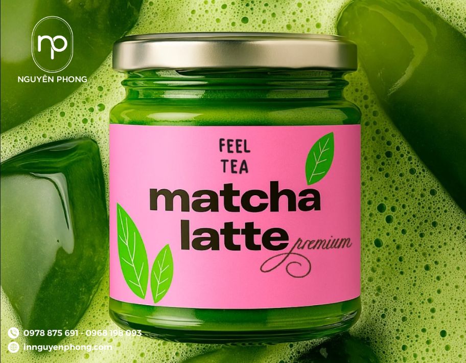 Mẫu decal giấy cán bóng dán lọ bột trà xanh